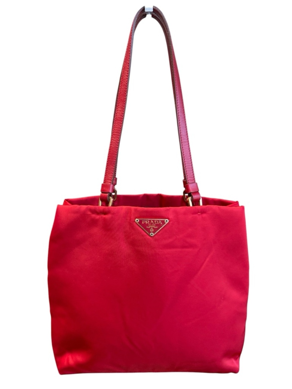 Prada Tessuto Nylon & Leather Shoulder Tote Bag Red & Gold - Picture 2 of 12